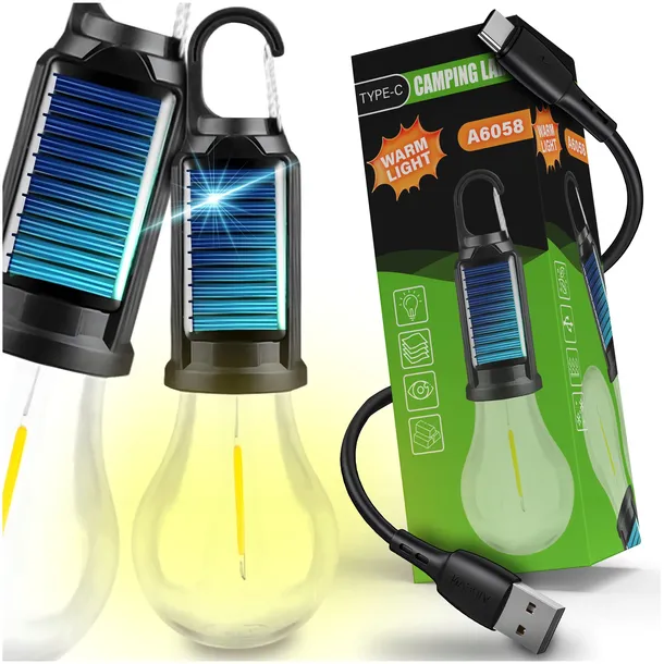 ŻARÓWKA KEMPINGOWA LAMPA TURYSTYCZNA SOLARNA USBC BIWAK UCHWYT AKUMULATOR