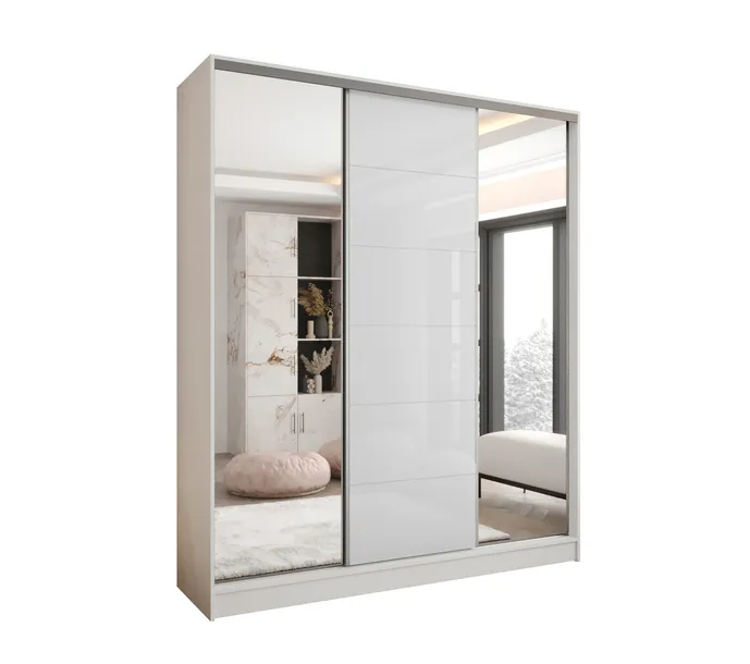 SZAFA PRZESUWNA 3D 150x250 BIAŁA LACOBEL BIAŁY -POŁYSK- 2xLUSTRO - WYSOKA