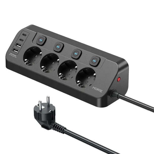 Narożna listwa zasilająca MORRE M412 (Tiross) 8w1: 4 gniazda 230V + 4 porty