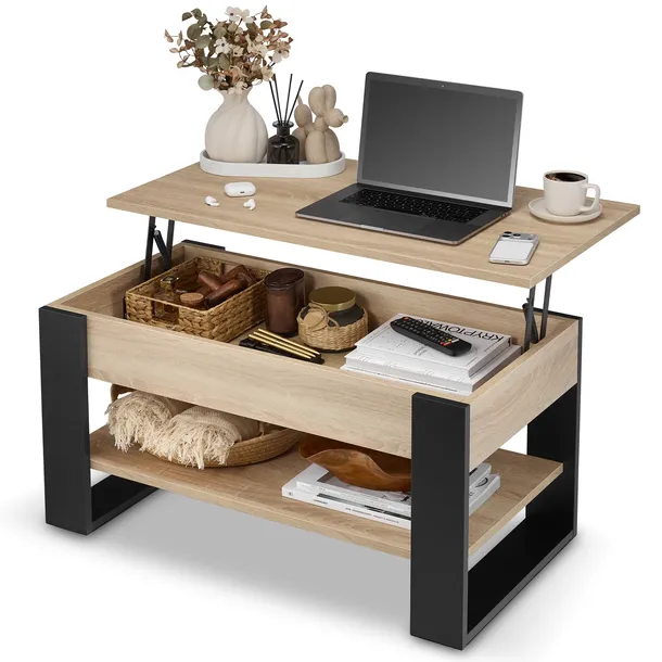 Stolik Kawowy Rozkładany 92 cm Loft Dąb Sonoma Czarny z Podnoszonym Blatem