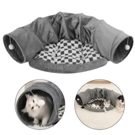 tunel-i-legowisko-dla-kota-z-pomponami-miekkie-123cm-kolor-szary