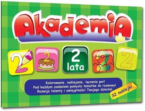 AKADEMIA - 2 LATA + 32 naklejki Zeszyt edukacyjny Zabawa Nauka