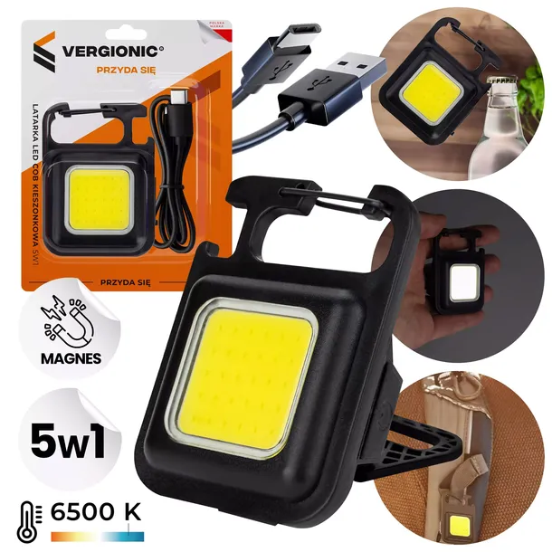 MOCNA MINI LATARKA LED KIESZONKOWA BRELOK MAGNES OTWIERACZ UCHWYT NÓŻKA