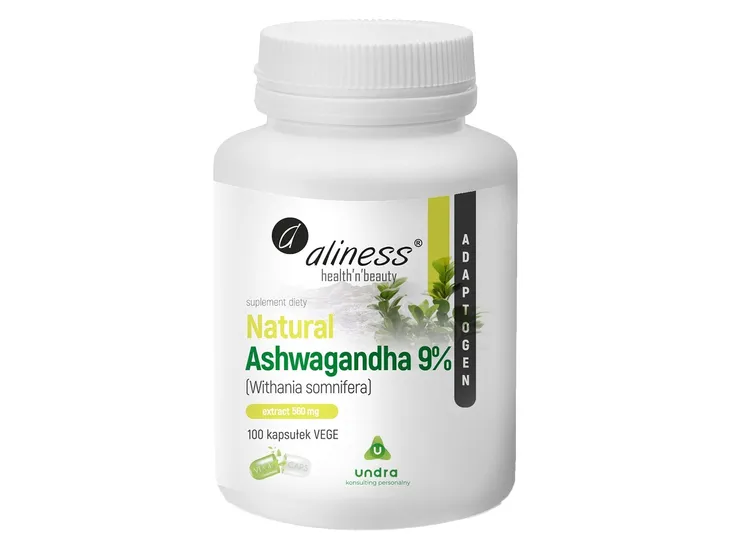 Aliness Natural Ashwagandha 555mg 9% 100k Aszwaganda SPOKÓJ sen REGENERACJA