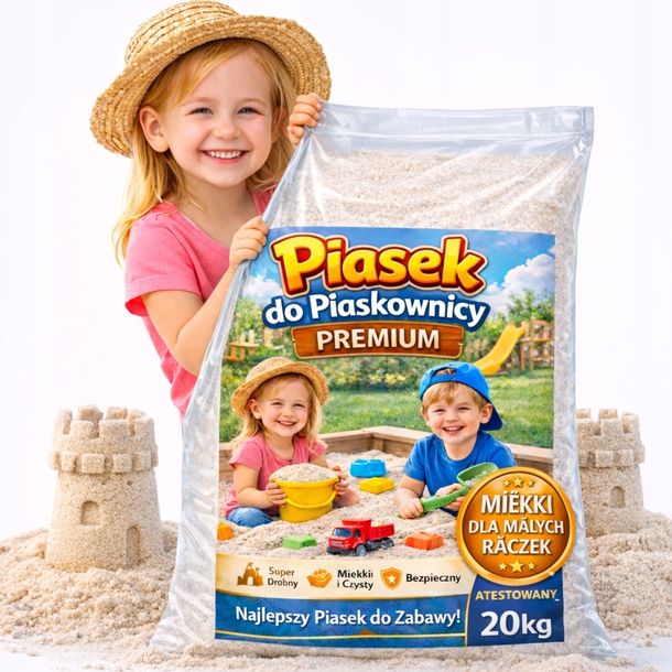 Piasek do Piaskownicy ATESTOWANY 20kg Drobny Czysty dla Dzieci KIDS PREMIUM