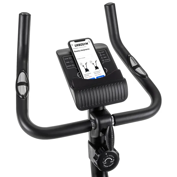 rower-stacjonarny-rowerek-treningowy-urbogym-argo-silver-cechy-dodatkowe-miejsce-na-bidon-regulacja-siedziska-miejsce-na-telefon-tablet-sensory-dotykowe-kolka-transportowe-regulacja-kierownicy-uchwyty-na-stopy-wyswietlacz