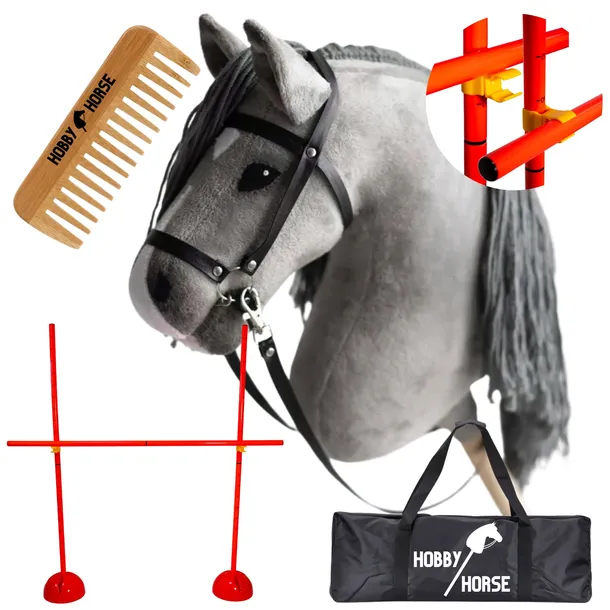 ZESTAW HOBBY HORSE KOŃ NA KIJU A3 + PRZESZKODA DO SKAKANIA 120CM + GRZEBIEŃ