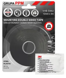 Zdjęcie produktu PPM 3M 5962 12MMX3M DWUSTRONNA TAŚMA MONTAŻOWA 1,5MM CZARNA METAL PLASTIK