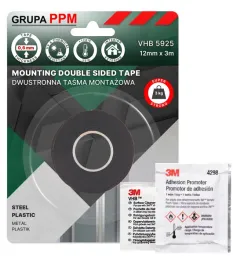 Zdjęcie produktu PPM 3M 5925 12MMX3M DWUSTRONNA TAŚMA MONTAŻOWA 0,6MM CZARNA METAL PLASTIK