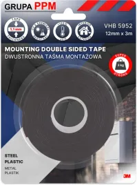 Zdjęcie produktu PPM 3M 5952 12MMX3M DWUSTRONNA TAŚMA MONTAŻOWA 1,1MM CZARNA METAL PLASTIK