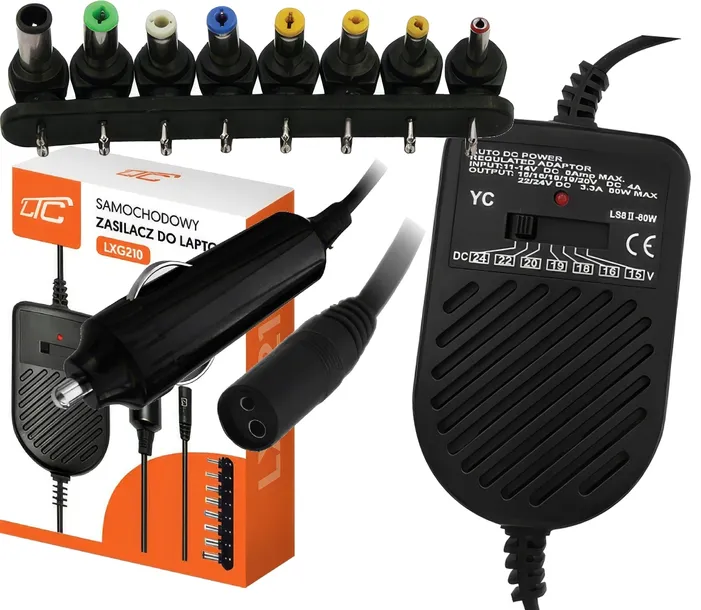 UNIWERSALNA ŁADOWARKA SAMOCHODOWA ZASILACZ DO LAPTOPA 80W 12/24V WTYKI