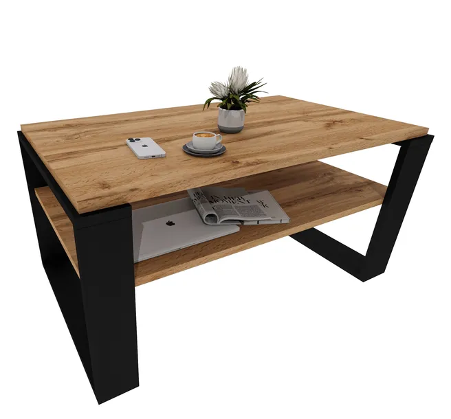 Stolik kawowy KAJA 91 cm Z PÓŁKĄ Dąb Wotan/Czarny loft do salonu 91x51x44