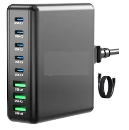 gan-100-w-ladowarka-usb-c-8-portowa-z-kabelkiem-ladujacym-czarny