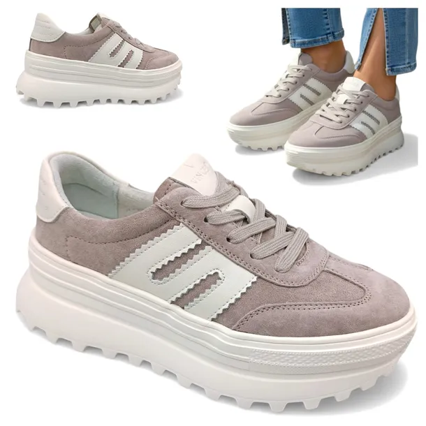 Sneakersy Damskie SKÓRZANE 39 Wiązane Półbuty Beżowe na Platformie Vinceza