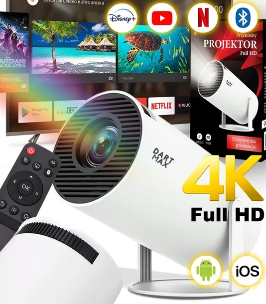 PROJEKTOR RZUTNIK LED ANDROID OBROTOWY 4K TV WIFI 5G GŁOŚNIK BLUETOOTH HD