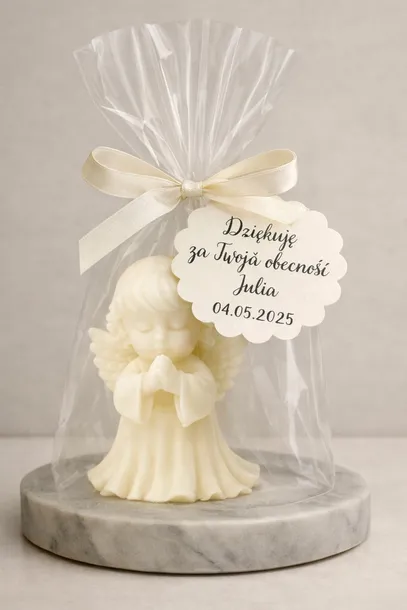 Podziękowanie dla gości na Komunię Aniołek świeca personalizowana winietka