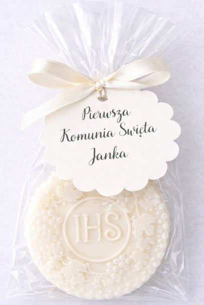 Podziękowanie dla gości na Komunię świeca wosk personalizowana winietka