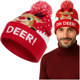 swiateczna-czapka-zimowa-z-pomponem-meska-damska-unisex-renifer-mikolajki