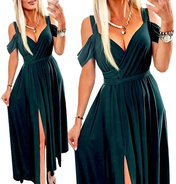 SUKIENKA NA WESELE ELEGANCKA BUTELKOWA ZIELEŃ DŁUGA MAXI Z ROZPORKIEM