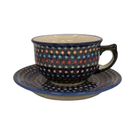 filizanka-ze-spodkiem-kolorowe-kropki-boleslawiec