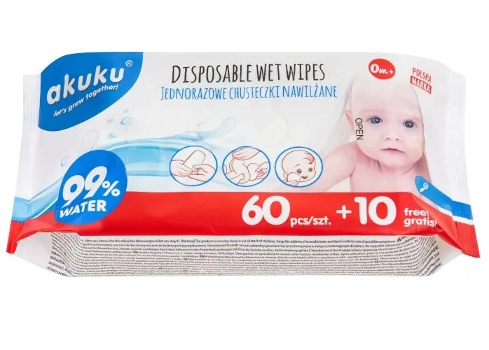 AKUKU MOKRE CHUSTECZKI W 99% NAWILŻANE WODĄ 70 szt