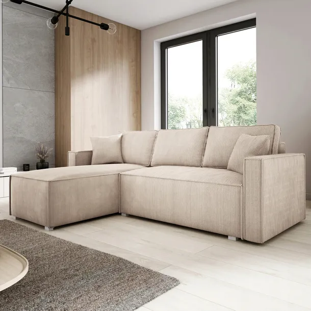 Mała sofa NELSE kremowy sztruks narożna z funkcją spania pojemnik rogówka