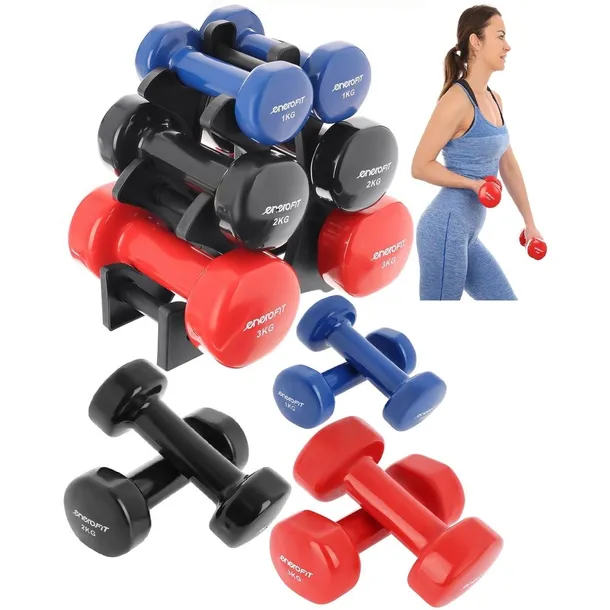 Zestaw Hantli 12 kg ENERO Hantelki Winylowe do Ćwiczeń 1/2/3 kg + Stojak