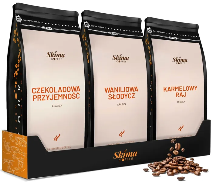 Kawa ziarnista 1kg x3 WANILIOWA CZEKOLADOWA KARMELOWA ARABICA Świeża+GRATIS