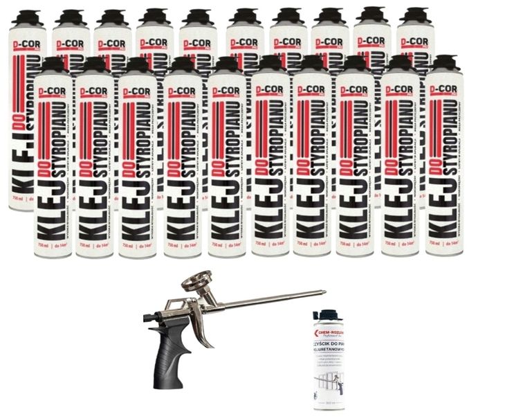 KLEJ DO STYROPIANU D-Cor Pro uniwersalny 850 gr zestaw 20 szt pistolet
