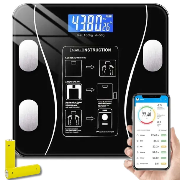 ANALITYCZNA INTELIGENTNA WAGA ŁAZIENKOWA BLUETOOTH180 KG + BATERIE I MIARKA