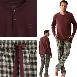 atlantic-pizama-meska-dluga-flanelowe-spodnie-wiazanie-kieszenie-bordo-xxl