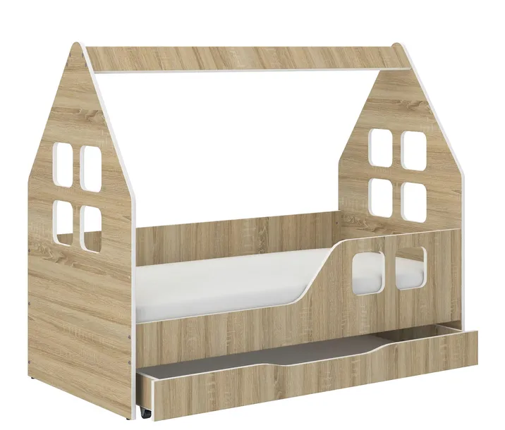 Łóżko dziecięce DOMEK SONOMA z SZUFLADĄ 140x70 + materac Białe Lub Sonoma