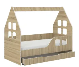 lozko-dzieciece-domek-sonoma-z-szuflada-140x70-materac-biale-lub-sonoma