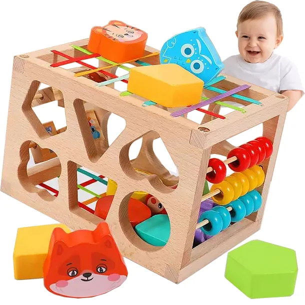 DREWNIANY SORTER KLOCKÓW ELASTYCZNA KOSTKA SENSORYCZNA MONTESSORI GUMKI 12
