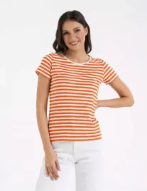 damska-koszulka-t-shirt-bawelniana-w-paski-klasyczna-pomaranczowa-moraj-s