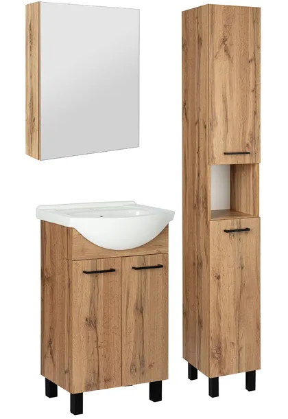 Zestaw Łazienkowy Szafka z Umywalką 50cm Słupek 30cm Sz z Lustrem Dąb Wotan