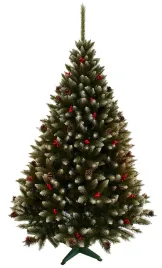 choinka-sztuczna-z-jarzebina-szyszkami-osniezona-gesta-stojak-220cm