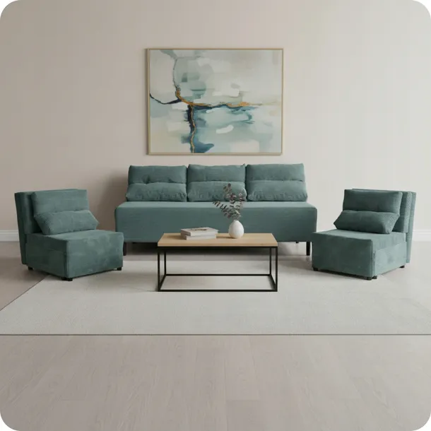 Zestaw KIMO funkcja spania sofa fotele Family Meble turkusowy Anafi sztruks