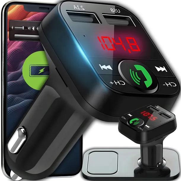 TRANSMITER BLUETOOTH SAMOCHODOWY FM ŁADOWARKA ODBIORNIK AUDIO 2x USB MP3 SD
