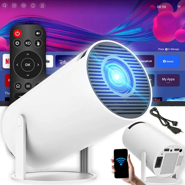 PROJEKTOR RZUTNIK WIFI ANDROID PRZENOŚNY OBROTOWY SMART 4K GŁOŚNIK BT 5.0