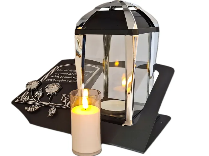 ZNICZ LAMPION NA GRÓB KPL SREBRO SKOS SENTENCJA+ ŚWIECA