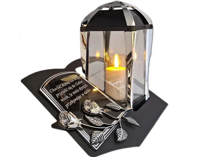 ZNICZ LAMPION NA GRÓB KPL SREBRO SKOS SENTENCJA+ ŚWIECA