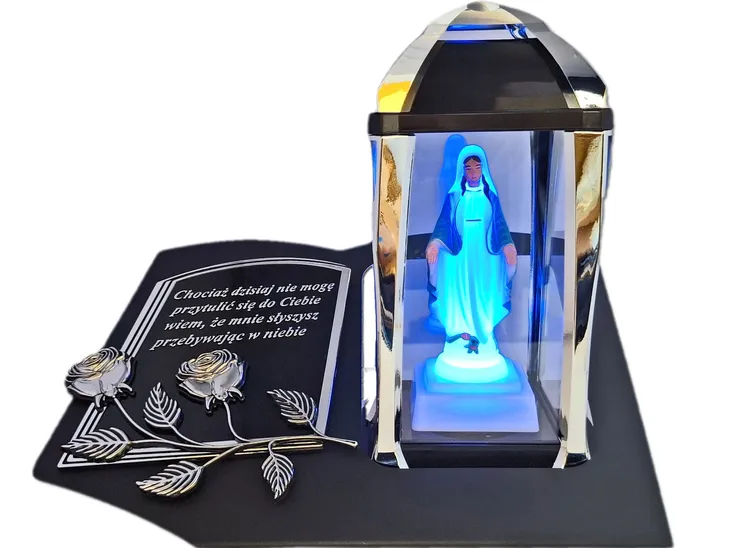 ZNICZ LAMPION NA GRÓB KPL SREBRO SKOS SENTENCJA+FIGURKA LED