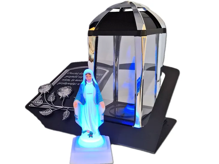 ZNICZ LAMPION NA GRÓB KPL SREBRO SKOS SENTENCJA+FIGURKA LED
