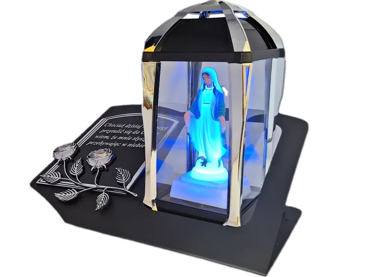 ZNICZ LAMPION NA GRÓB KPL SREBRO SKOS SENTENCJA+FIGURKA LED