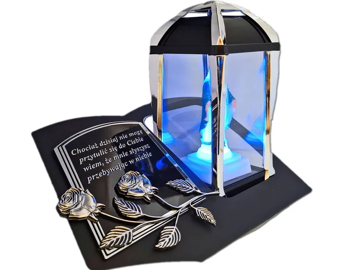 ZNICZ LAMPION NA GRÓB KPL SREBRO SKOS SENTENCJA+FIGURKA LED
