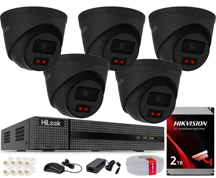 ZESTAW MONITORINGU 4MPx HIKVISION HILOOK 5 KAMER IPC-T241H-C BLACK DYSK 2TB