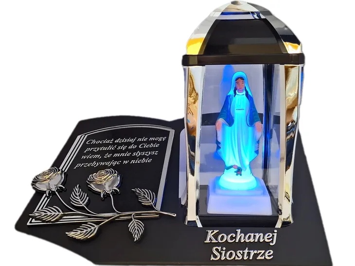 SIOSTRA SIOSTRZE ZNICZ LAMPION NA GRÓB KPL SREB SKOS SENTENCJA+FIGURKA LED