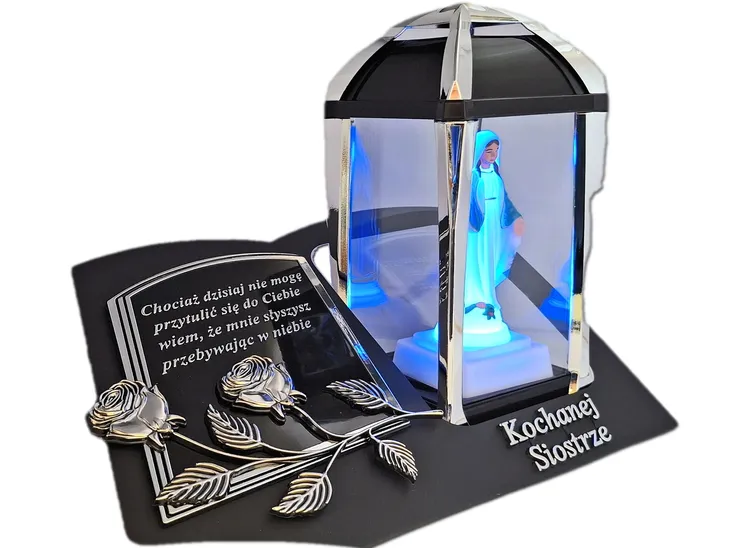 SIOSTRA SIOSTRZE ZNICZ LAMPION NA GRÓB KPL SREB SKOS SENTENCJA+FIGURKA LED