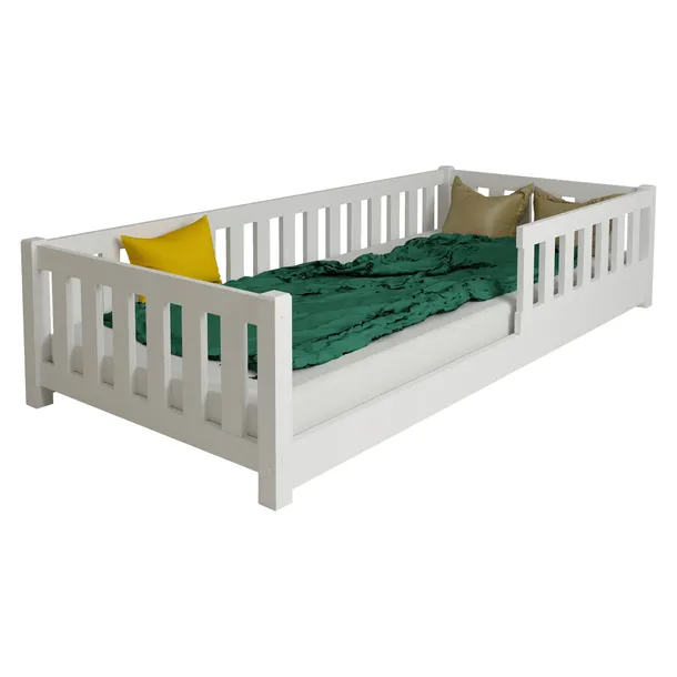 ŁÓŻKO DZIECIĘCE DREWNIANE MONTESSORI LULU BIAŁE PODŁOGOWE 90X200 + STELAŻ